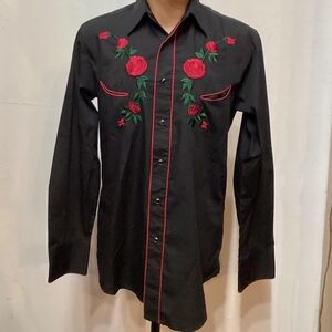 Black and Red Casual Button Down Shirt with Embroidered Roses
